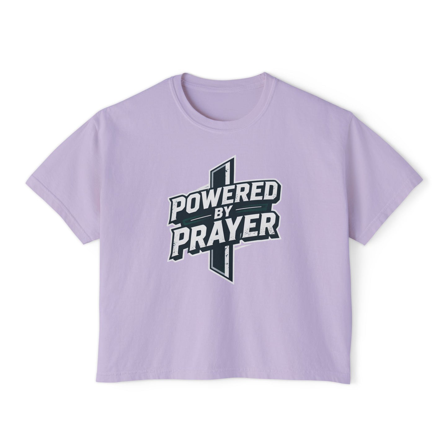 Powered by Prayer Boxy Tee — Women's Christian Graphic Shirt