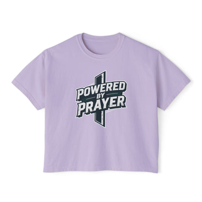 Powered by Prayer Boxy Tee — Women's Christian Graphic Shirt