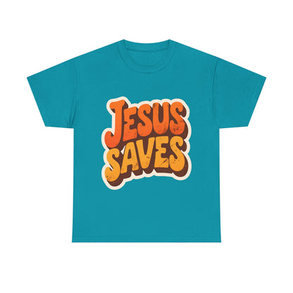 Jesus Saves Retro Tee — Bright Sunset Faith T-Shirt