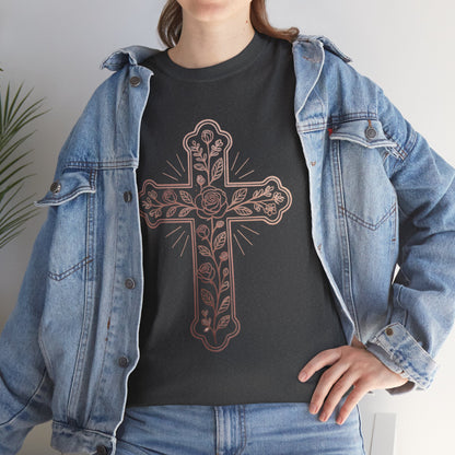Floral Cross Tee – Delicate Pink Botanical Christian T-Shirt