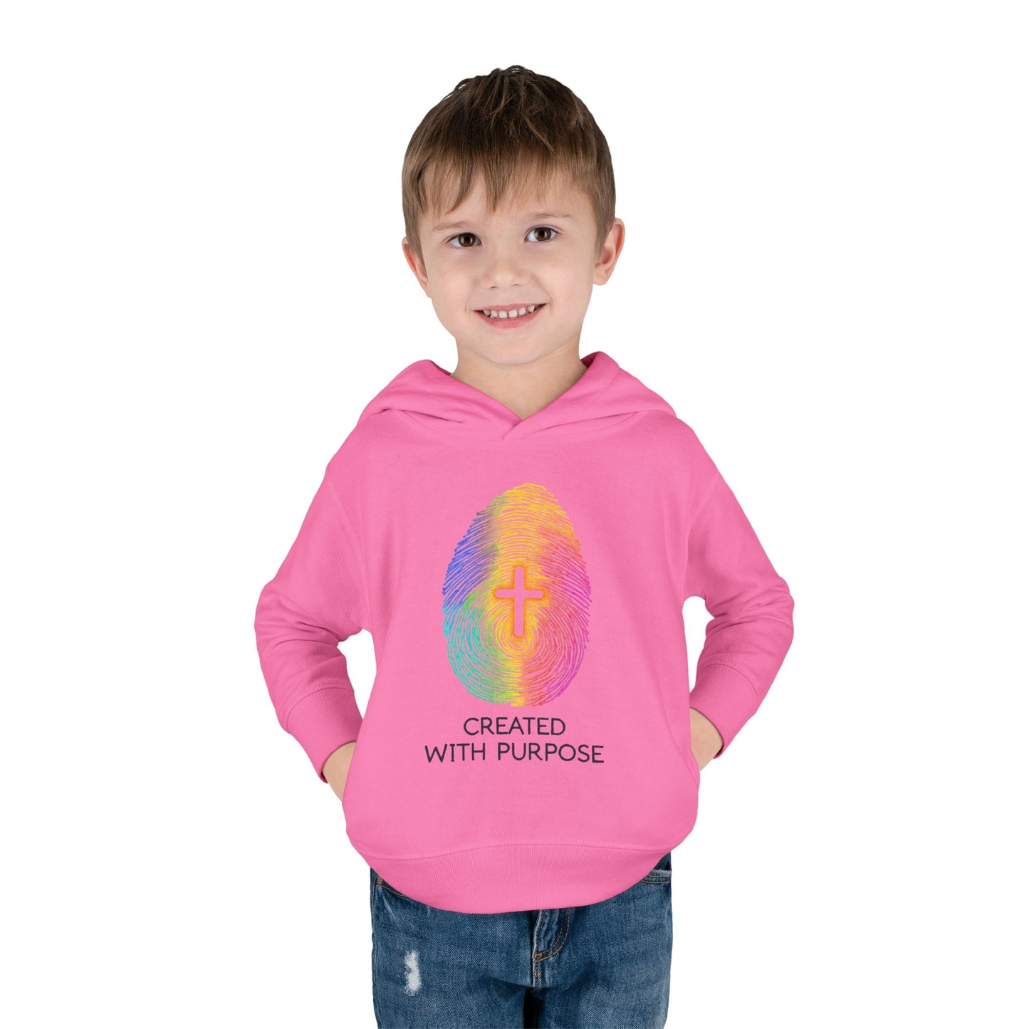 Toddler Hoodie — "Created With Purpose" Rainbow Fingerprint Cross