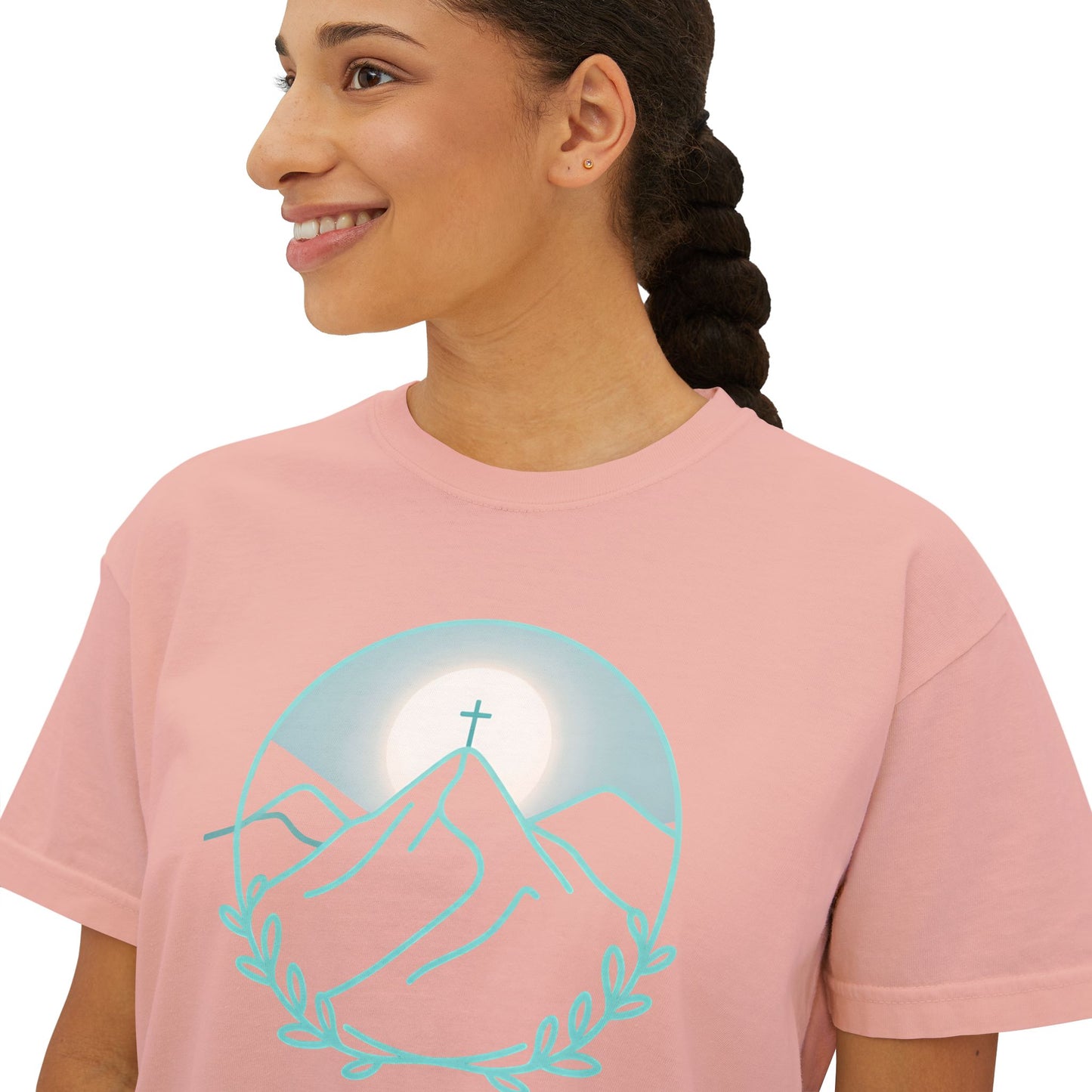 Women's Boxy Tee — Sunrise Mountain Line Art with Laurel (Calm, Faith-Inspired Vintage Tee)