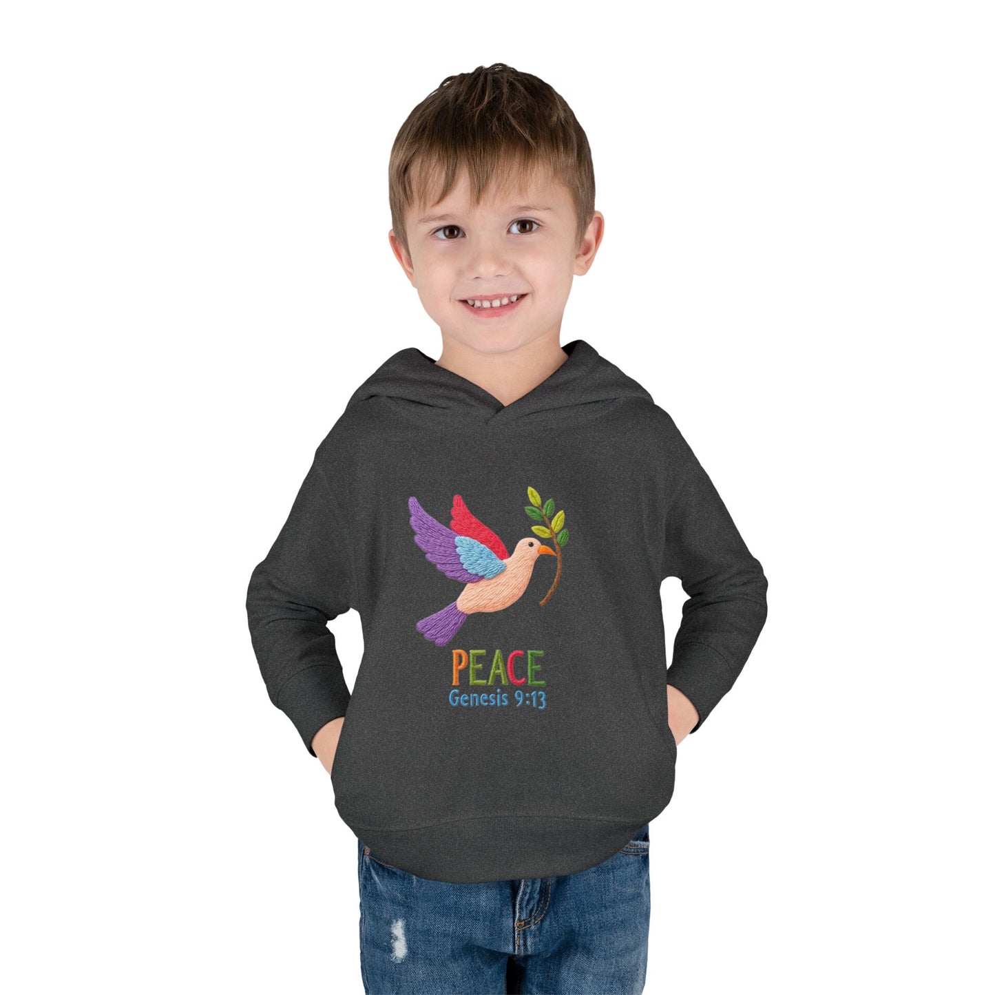 Toddler Hoodie — Colorful Peace Dove with Olive Branch & “PEACE Genesis 9:13”