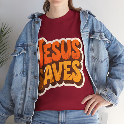 Jesus Saves Retro Tee — Bright Sunset Faith T-Shirt