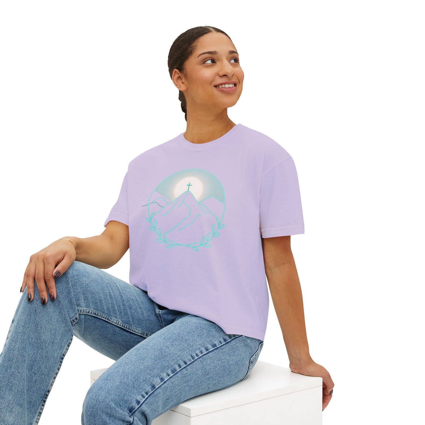 Women's Boxy Tee — Sunrise Mountain Line Art with Laurel (Calm, Faith-Inspired Vintage Tee)