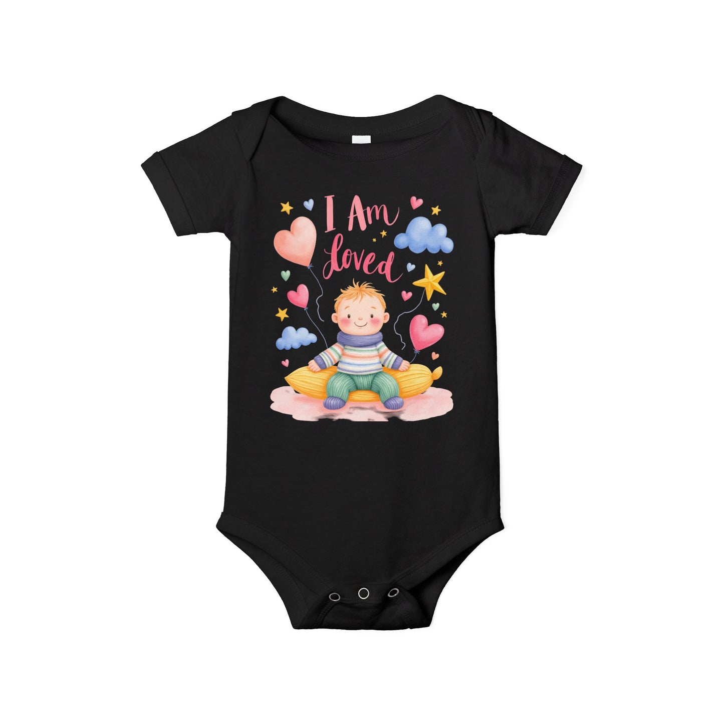 “I Am Loved” Baby Onesie – Cute Infant Bodysuit with Heart & Cloud Illustration