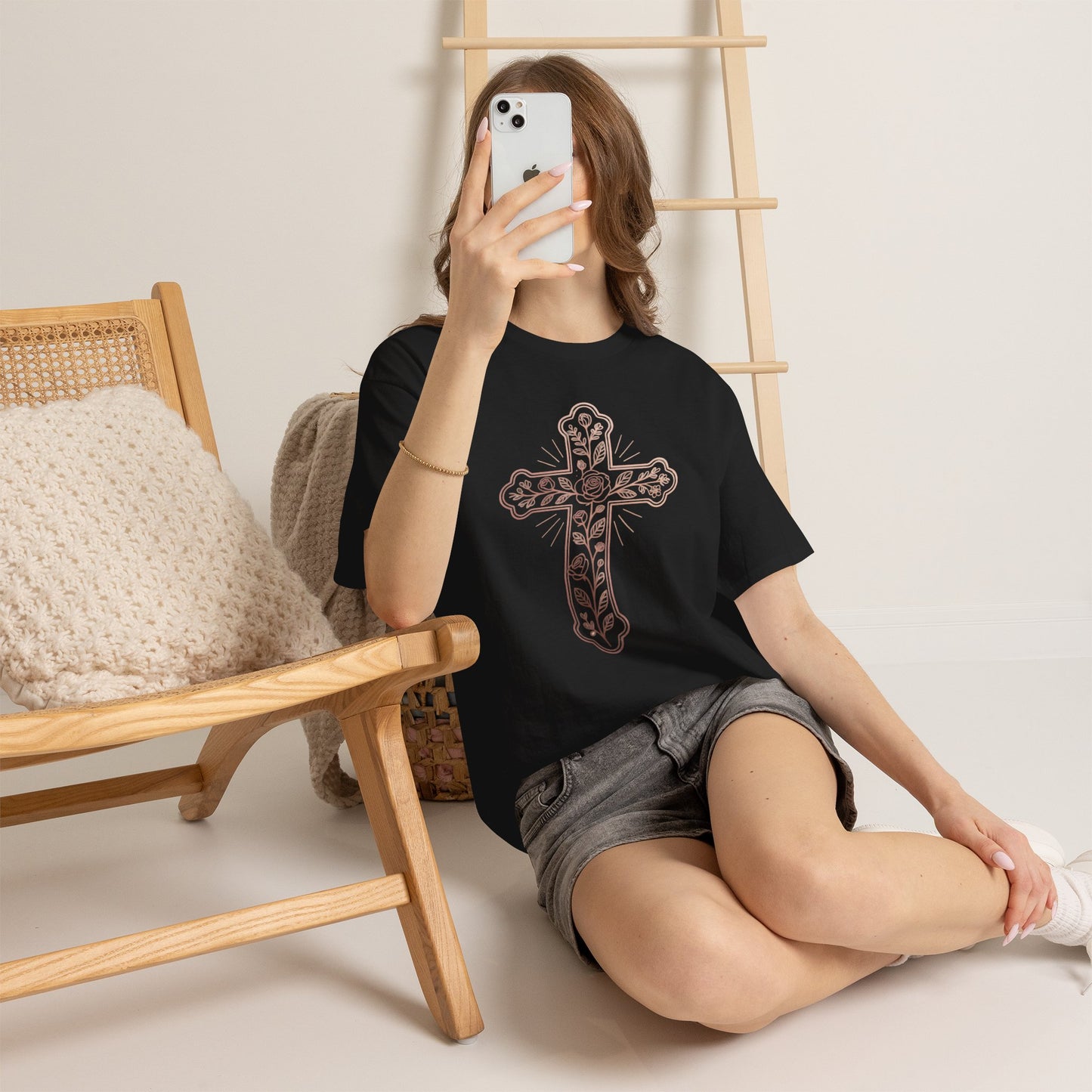 Floral Cross Tee – Delicate Pink Botanical Christian T-Shirt