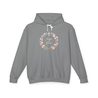 Faith & Grace Blush Rose Hoodie — Lightweight Floral Cross Pullover