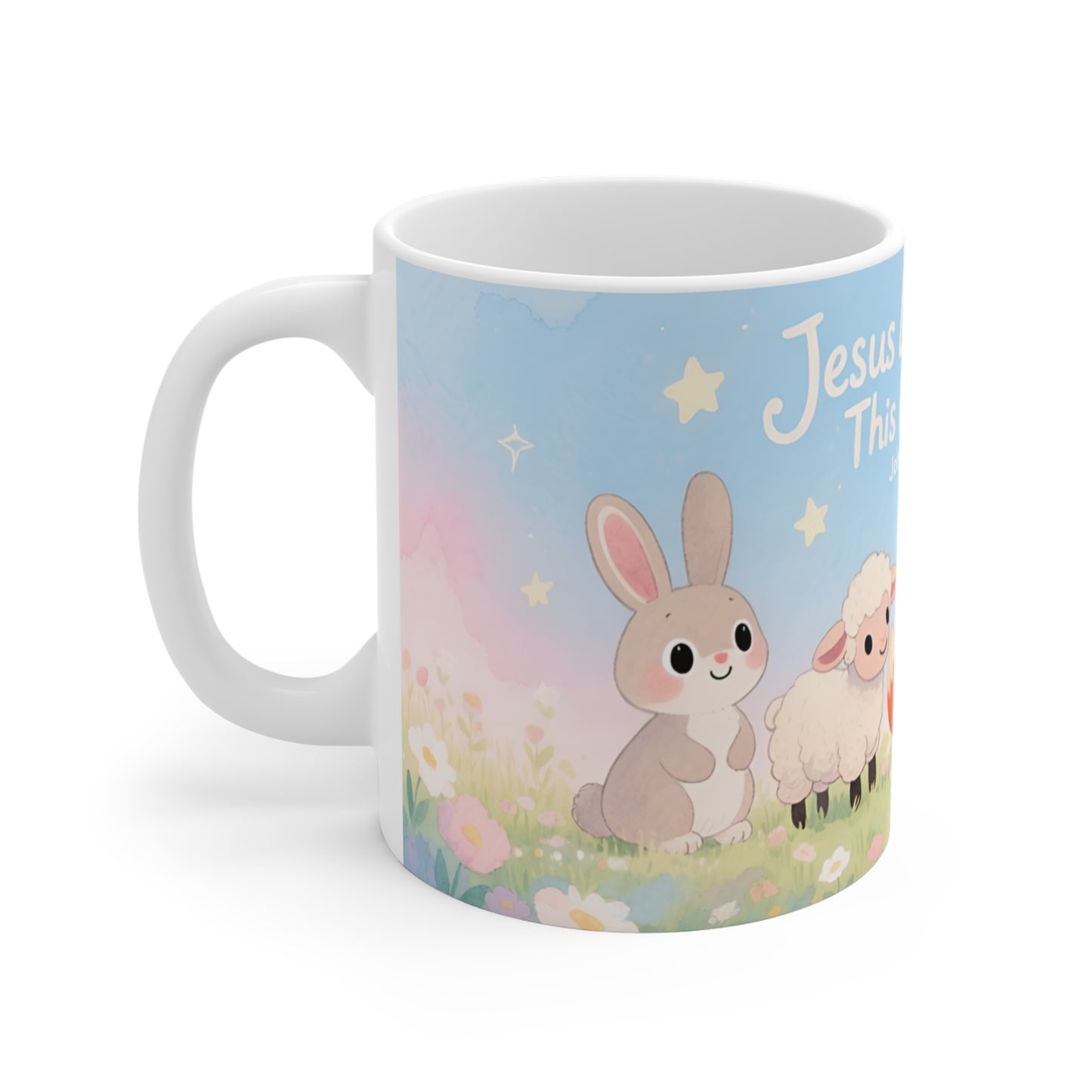 Jesus Loves Me 11oz Mug — Watercolor Animals Nursery Faith Coffee Cup
