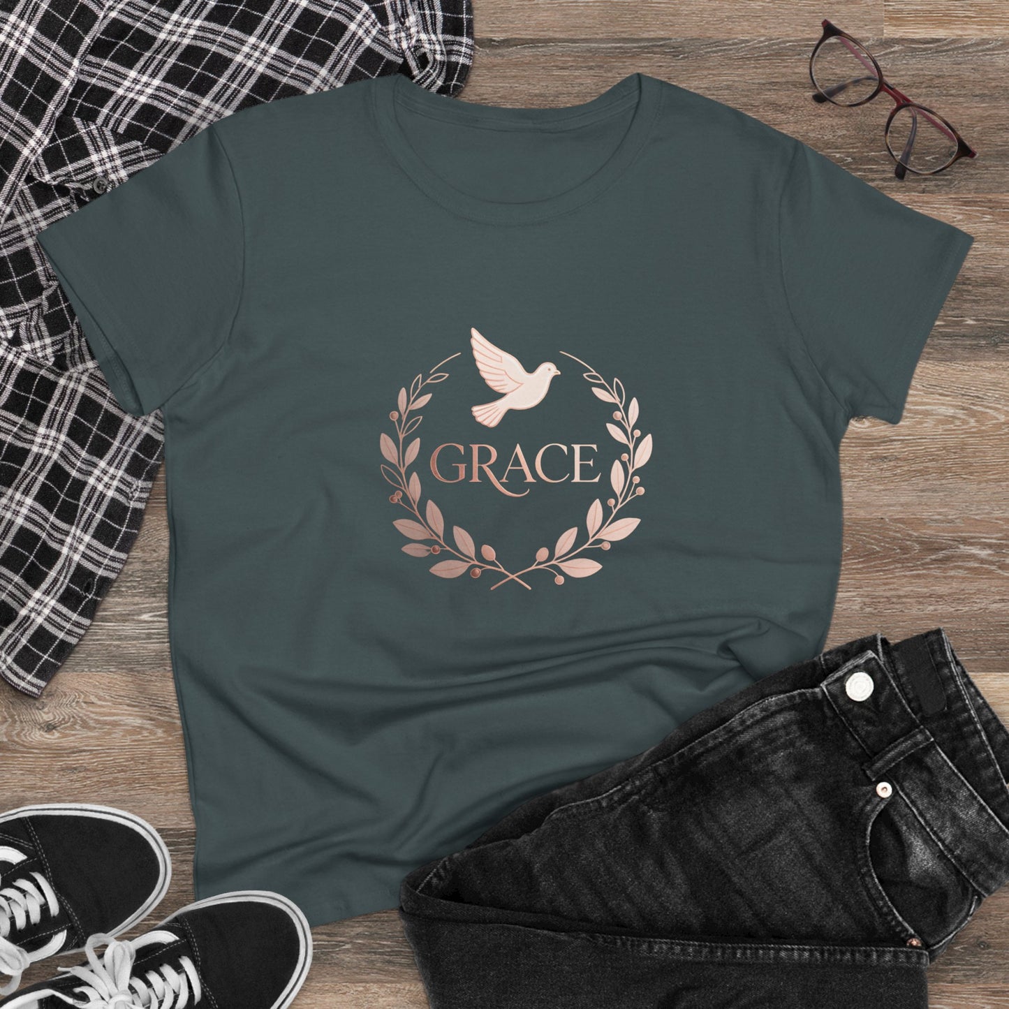 Graceful Dove Wreath Tee — Women's Rose-Gold Reminder Tee