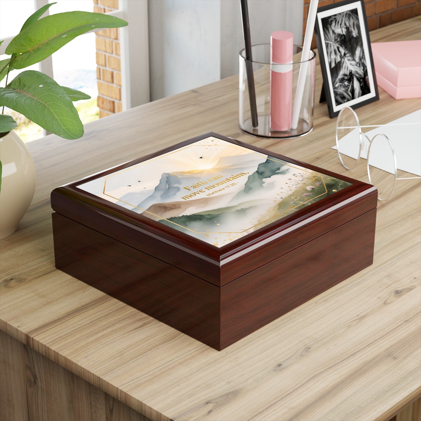 Inspirational 'Faith Can Move Mountains' Jewelry Box — Mountain Sunrise Keepsake