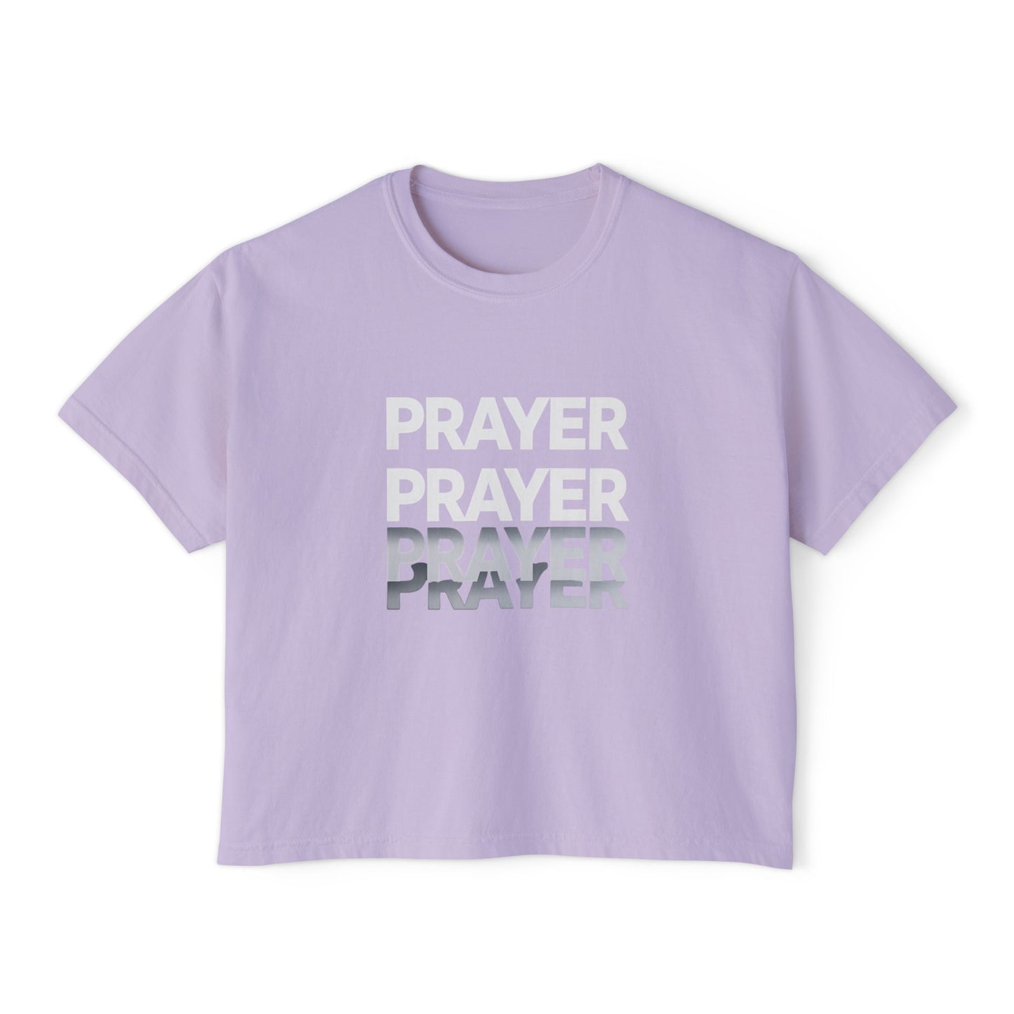 Prayer Boxy Tee — Women's Spiritual Graphic Top (Prayer Repeated Design)