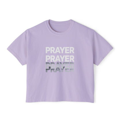 Prayer Boxy Tee — Women's Spiritual Graphic Top (Prayer Repeated Design)