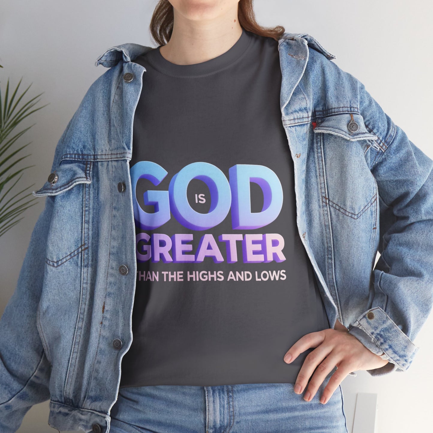 God Greater Gradient Tee — Soft Blue & Lilac Faith Shirt