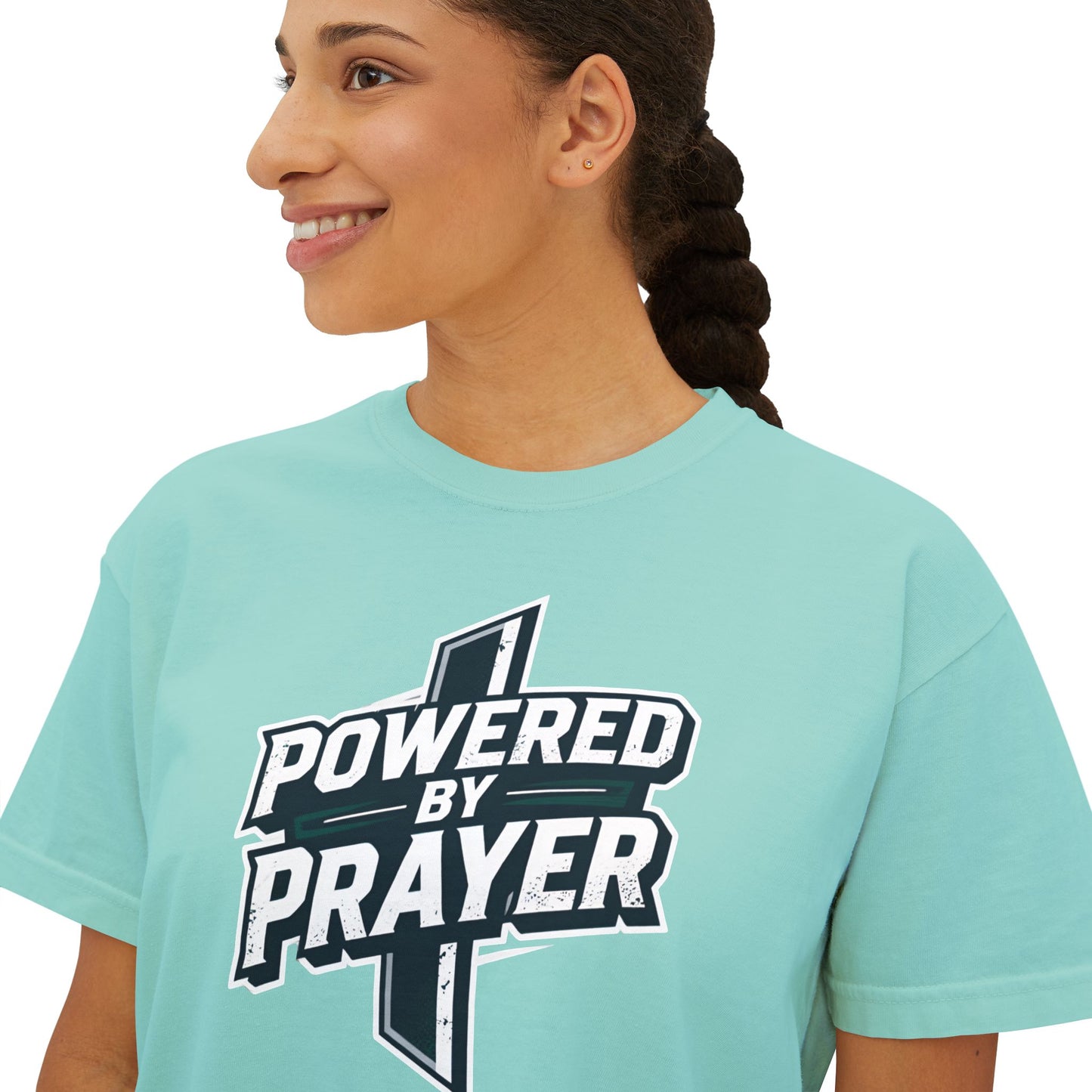 Powered by Prayer Boxy Tee — Women's Christian Graphic Shirt