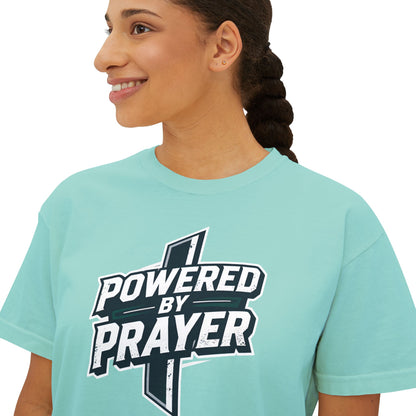 Powered by Prayer Boxy Tee — Women's Christian Graphic Shirt