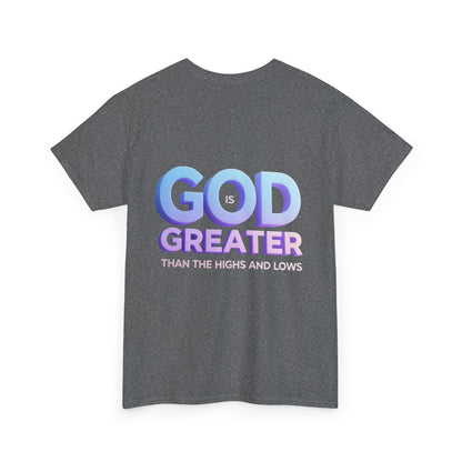 God Greater Gradient Tee — Soft Blue & Lilac Faith Shirt