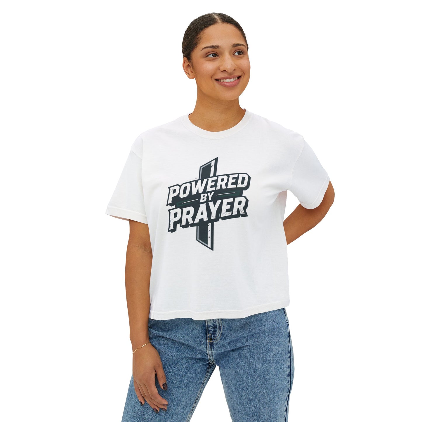 Powered by Prayer Boxy Tee — Women's Christian Graphic Shirt
