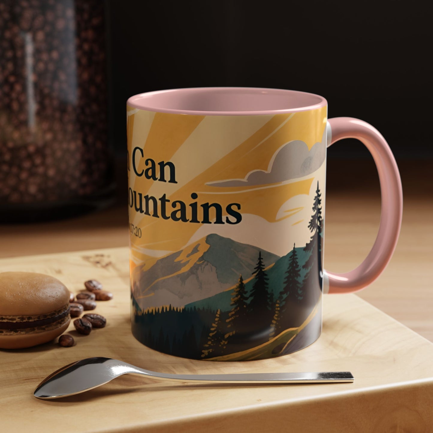 Faith Can Move Mountains Coffee Mug — Matthew 17:20 Inspirational Accent Mug