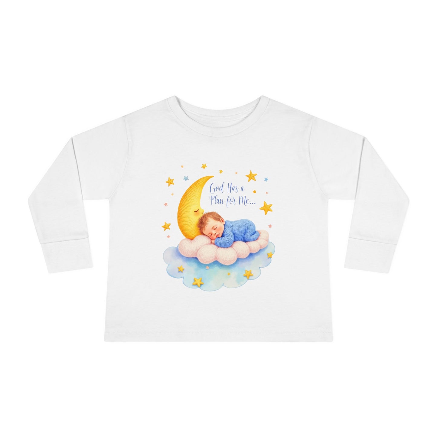God Has a Plan for Me Toddler Long Sleeve Tee — Sleeping Baby on Moon Cloud