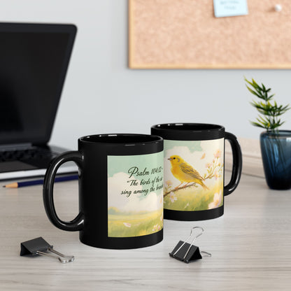 Yellow Songbird on Branch Mug | Black Coffee Cup with Floral Illustration