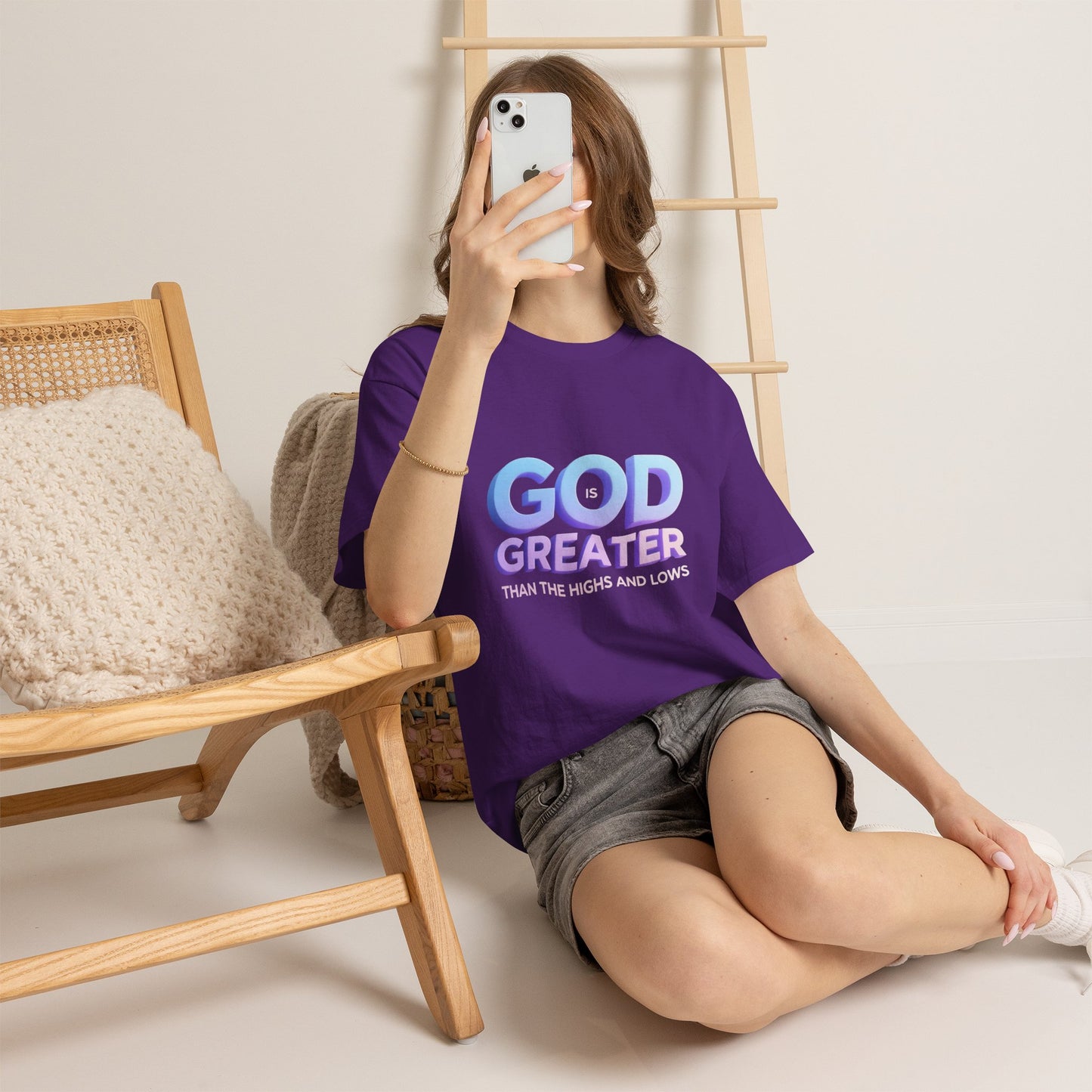 God Greater Gradient Tee — Soft Blue & Lilac Faith Shirt