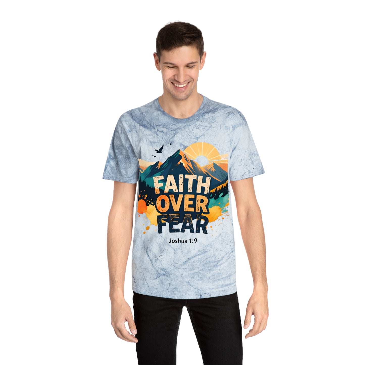 Faith Over Fear Color-Blast T-Shirt — Joshua 1:9 Retro Sunrise