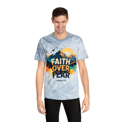 Faith Over Fear Color-Blast T-Shirt — Joshua 1:9 Retro Sunrise