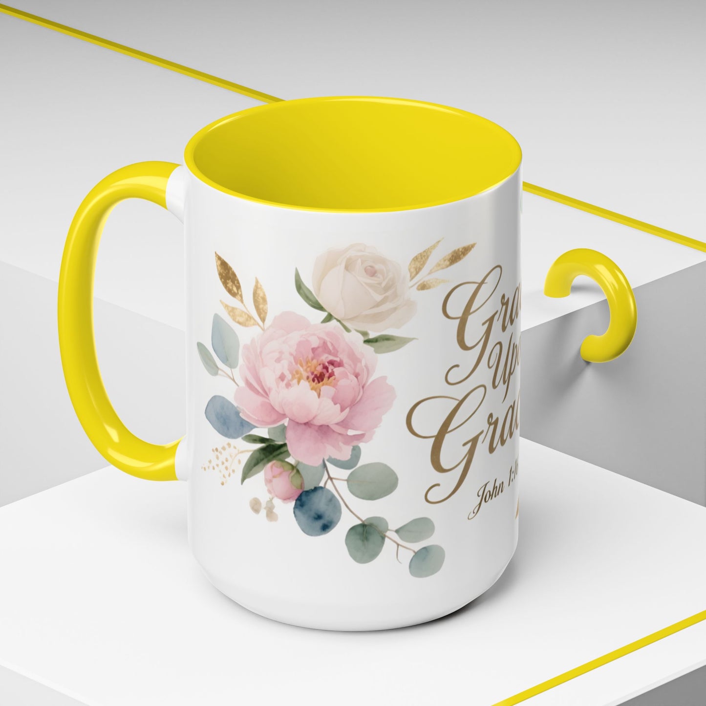 Grace Upon Grace Floral Coffee Mug — John 1:16 Scripture Accent Mug