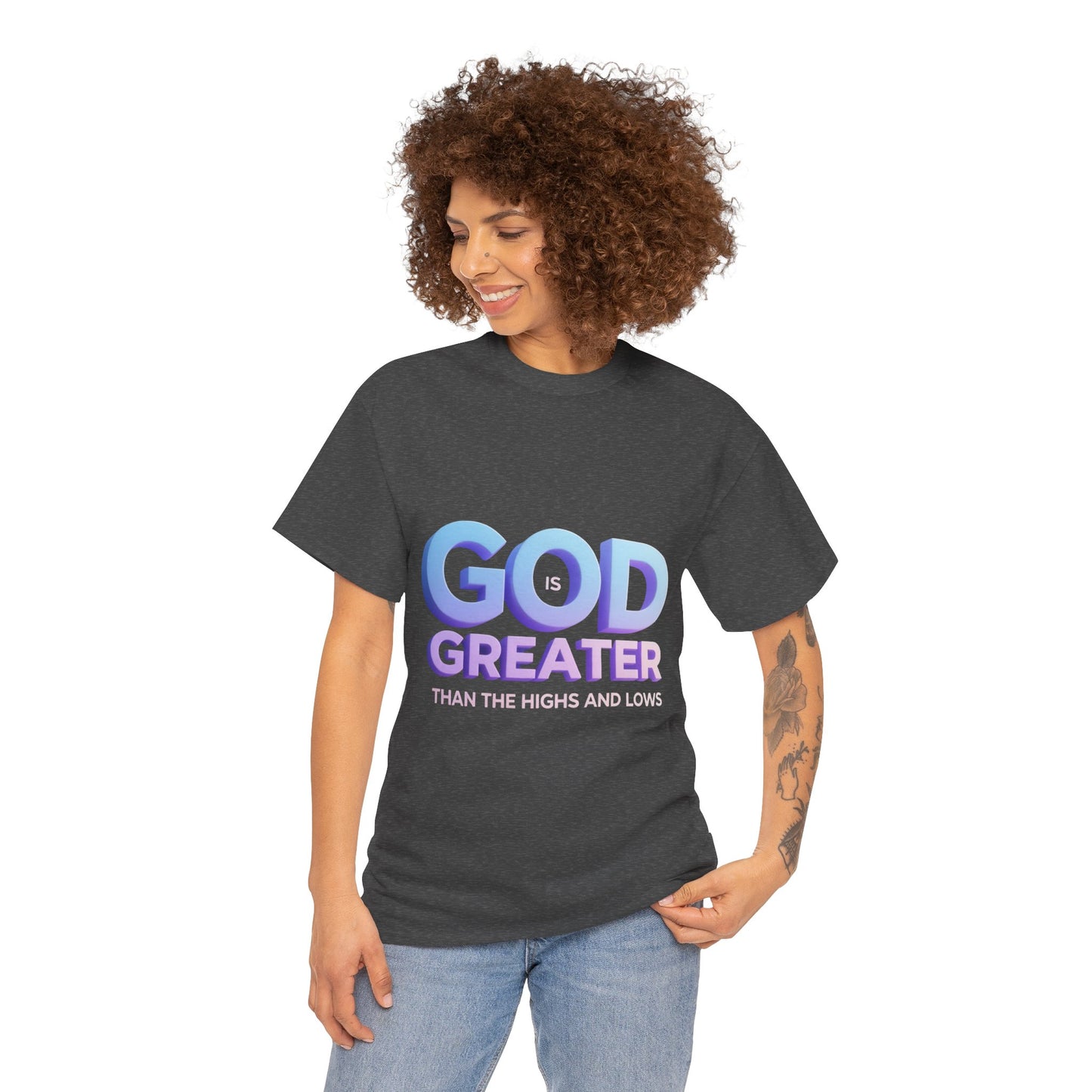 God Greater Gradient Tee — Soft Blue & Lilac Faith Shirt