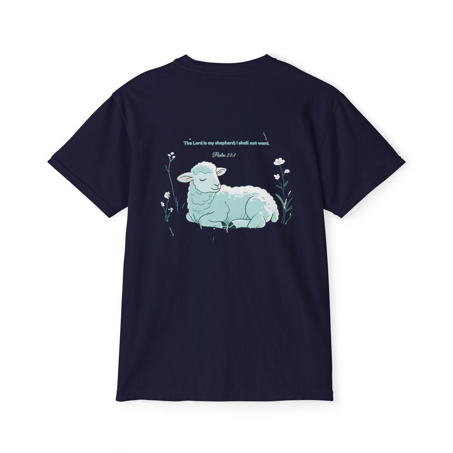 Lamb Rest Pocket T‑Shirt — Vintage Seafoam Pocket Tee with Script Verse