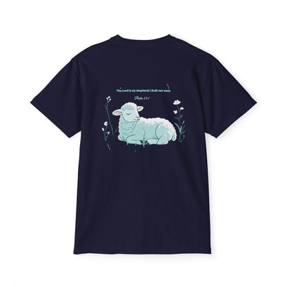 Lamb Rest Pocket T‑Shirt — Vintage Seafoam Pocket Tee with Script Verse