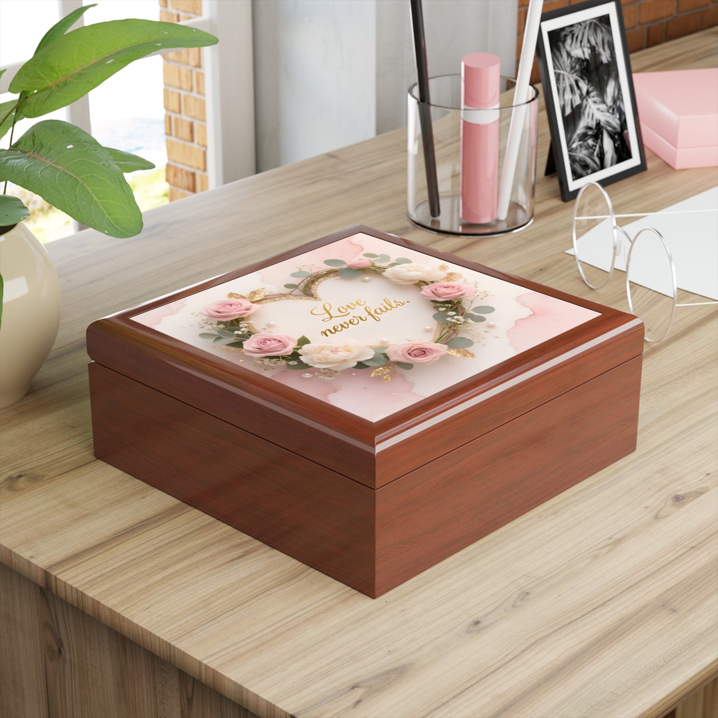 Jewelry Box - "Love Never Fails" Floral Heart Keepsake Box