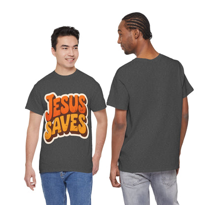 Jesus Saves Retro Tee — Bright Sunset Faith T-Shirt