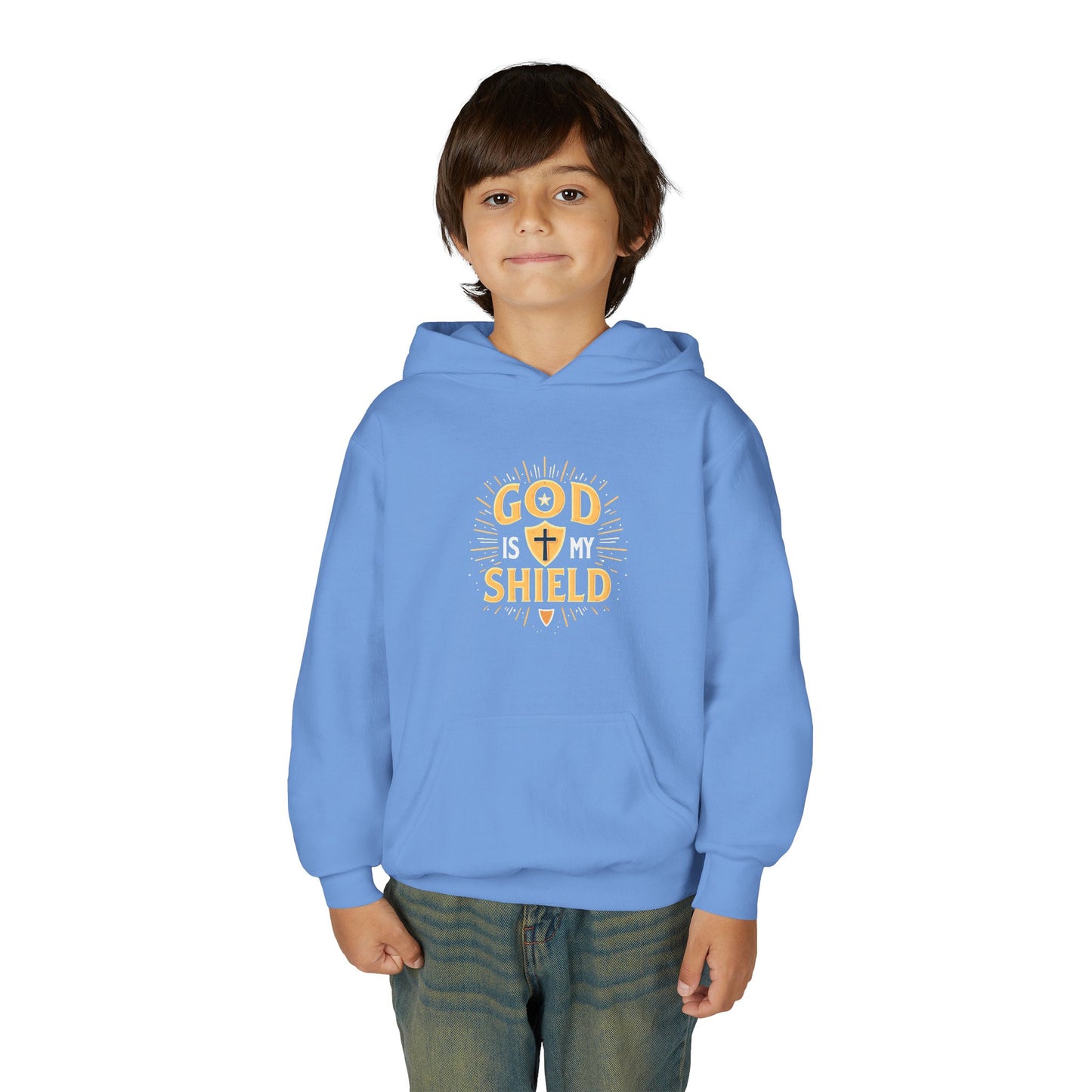 Youth Hoodie — "God Shield" Faith Graphic Pullover