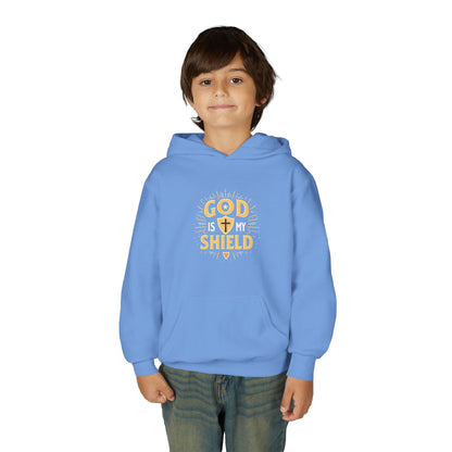 Youth Hoodie — "God Shield" Faith Graphic Pullover