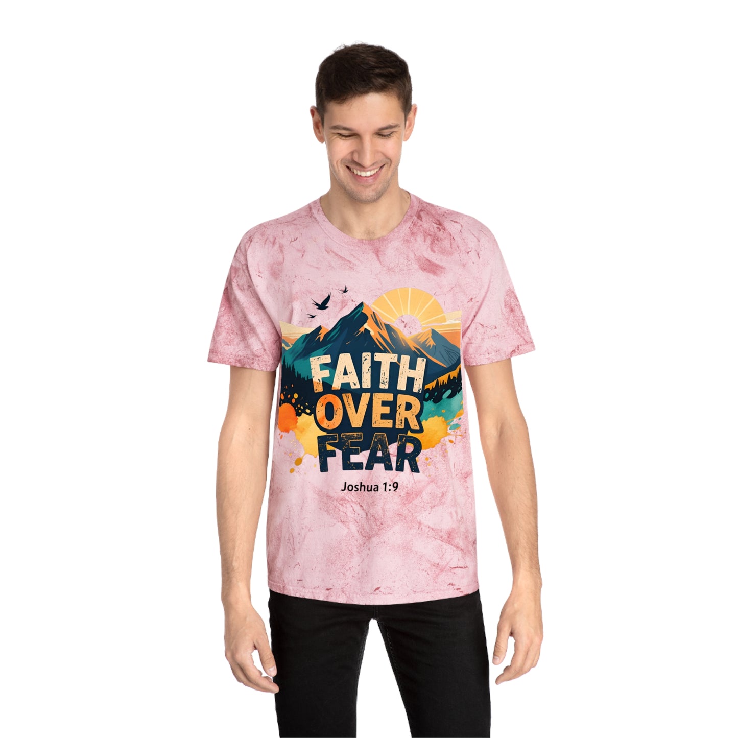 Faith Over Fear Color-Blast T-Shirt — Joshua 1:9 Retro Sunrise