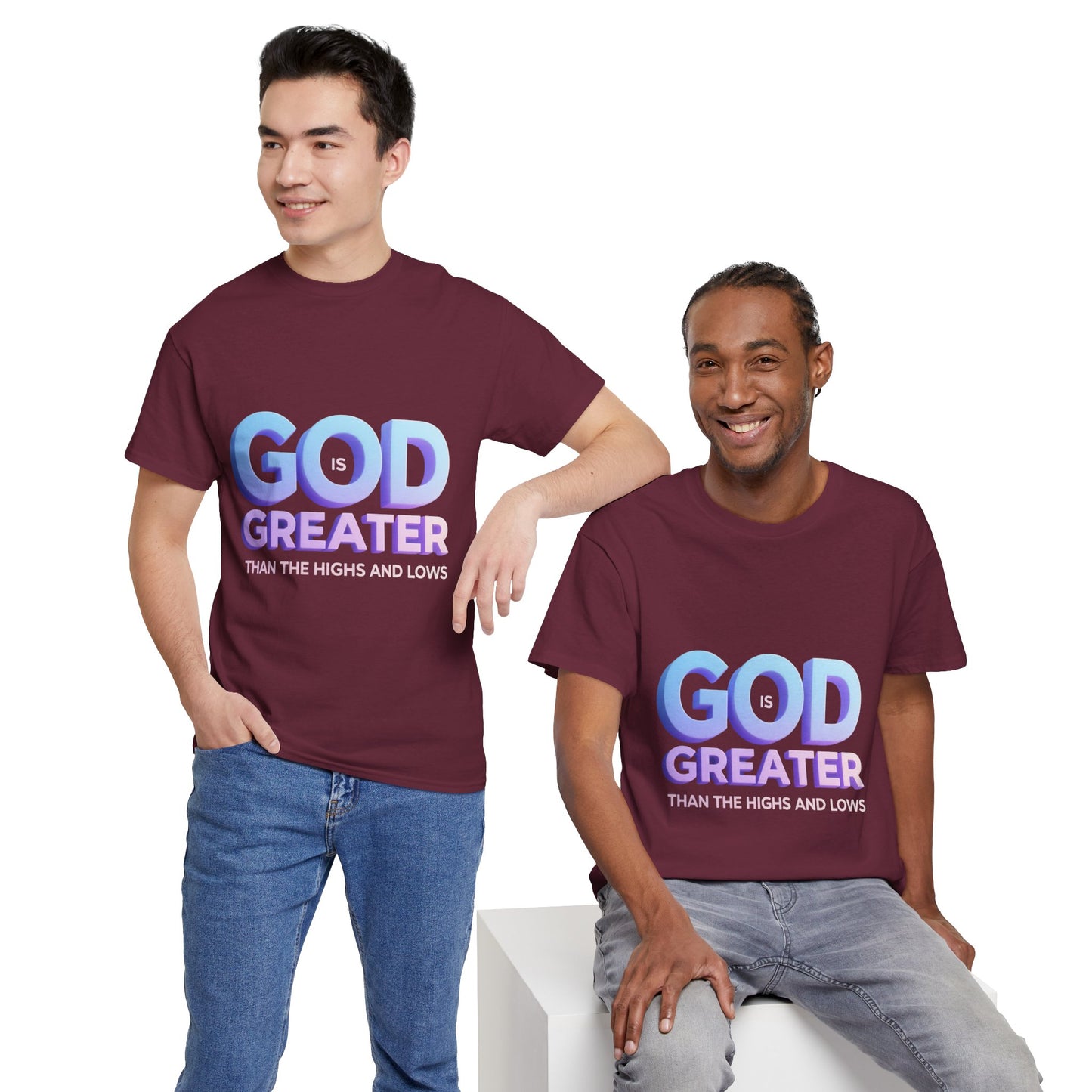 God Greater Gradient Tee — Soft Blue & Lilac Faith Shirt