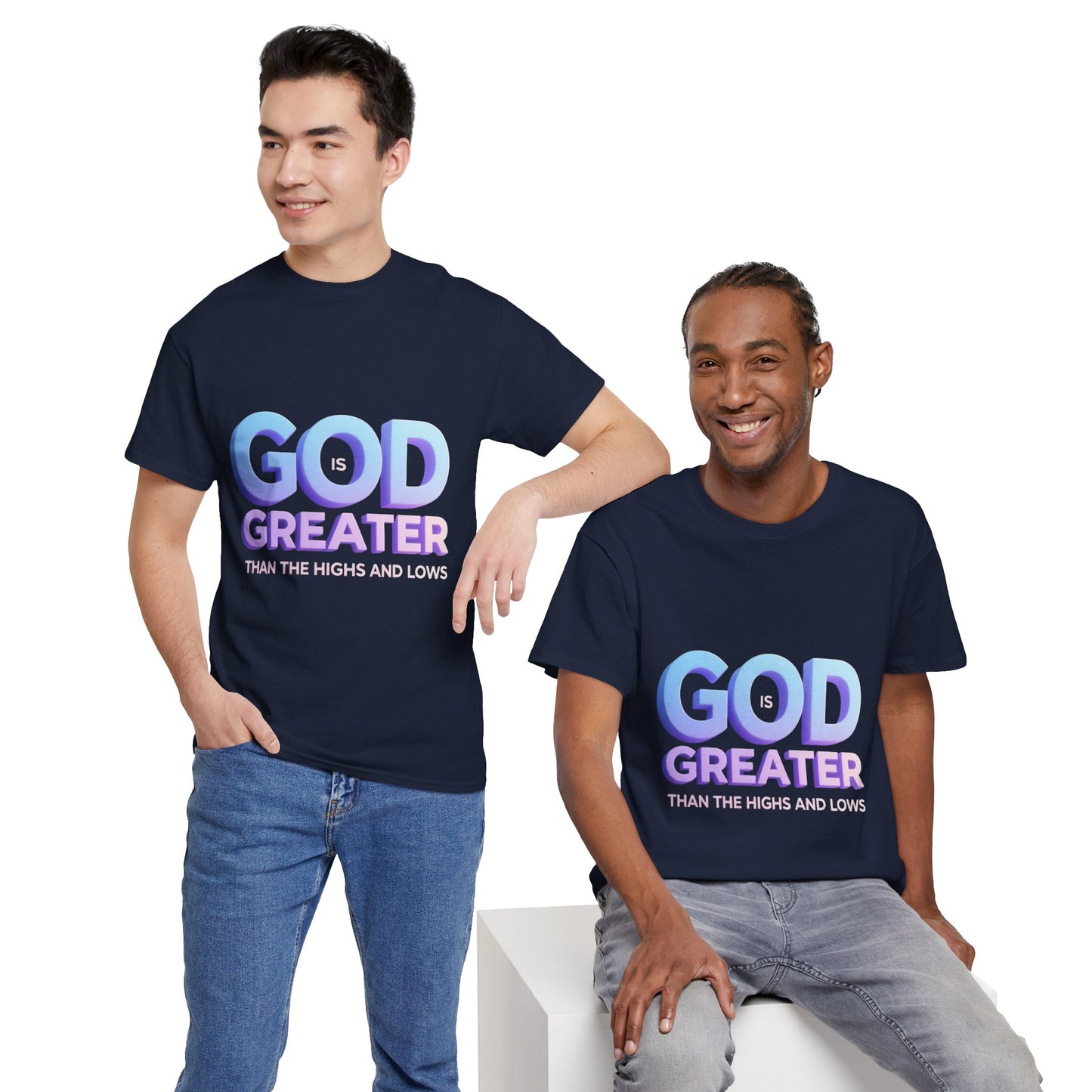 God Greater Gradient Tee — Soft Blue & Lilac Faith Shirt