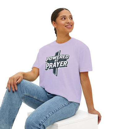 Powered by Prayer Boxy Tee — Women's Christian Graphic Shirt
