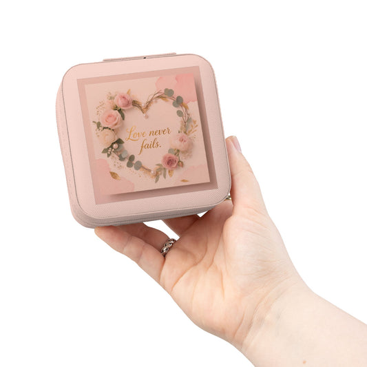 Portable Jewelry Travel Case - Pink Floral 'Love Never Fails' Organizer