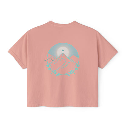 Women's Boxy Tee — Sunrise Mountain Line Art with Laurel (Calm, Faith-Inspired Vintage Tee)