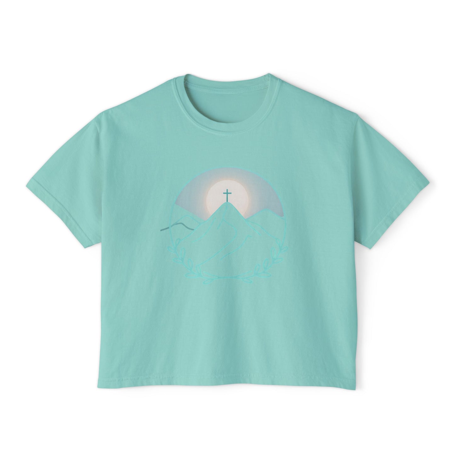 Women's Boxy Tee — Sunrise Mountain Line Art with Laurel (Calm, Faith-Inspired Vintage Tee)
