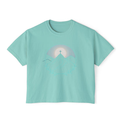 Women's Boxy Tee — Sunrise Mountain Line Art with Laurel (Calm, Faith-Inspired Vintage Tee)