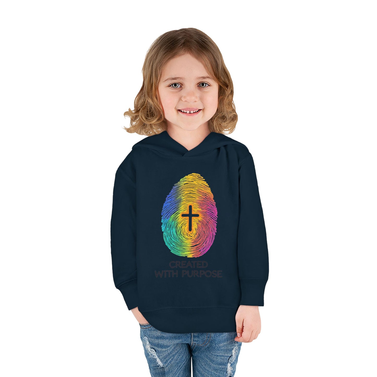 Toddler Hoodie — "Created With Purpose" Rainbow Fingerprint Cross