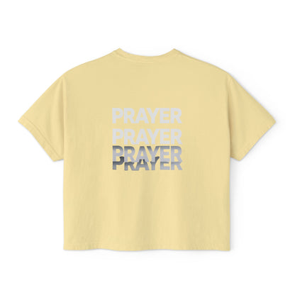 Prayer Boxy Tee — Women's Spiritual Graphic Top (Prayer Repeated Design)