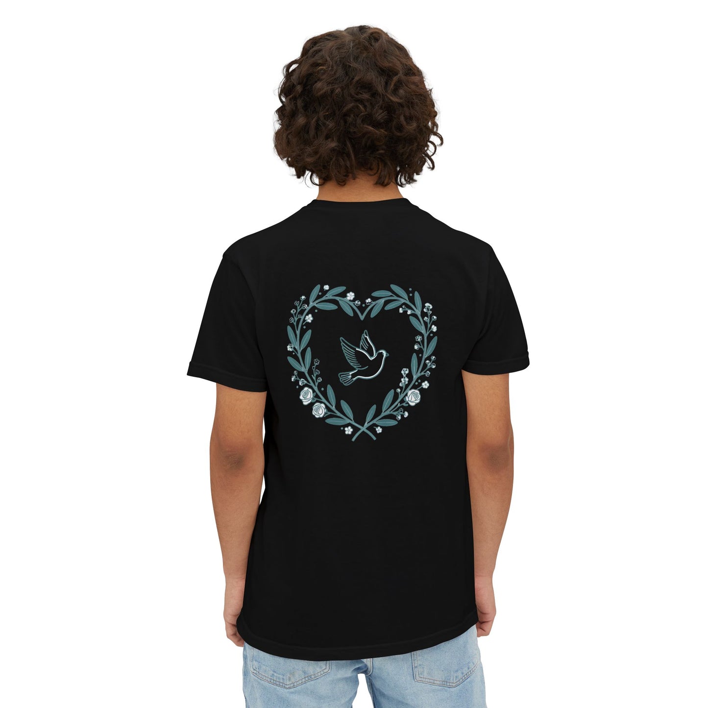 Pocket T-Shirt — Peace Dove Heart Back Graphic
