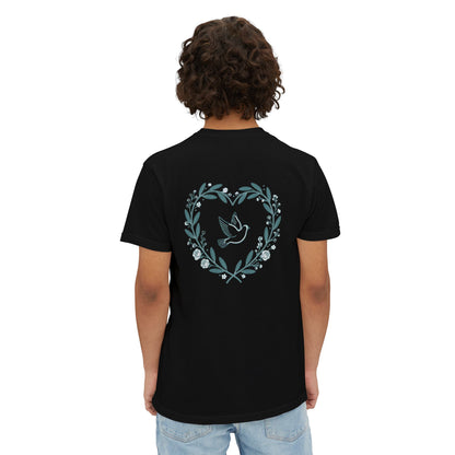 Pocket T-Shirt — Peace Dove Heart Back Graphic