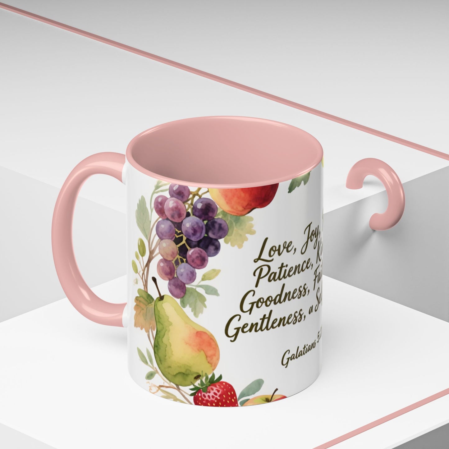 Christian Fruit of the Spirit Accent Coffee Mug — Galatians 5:22-23 Floral Scripture Design (11/15oz)