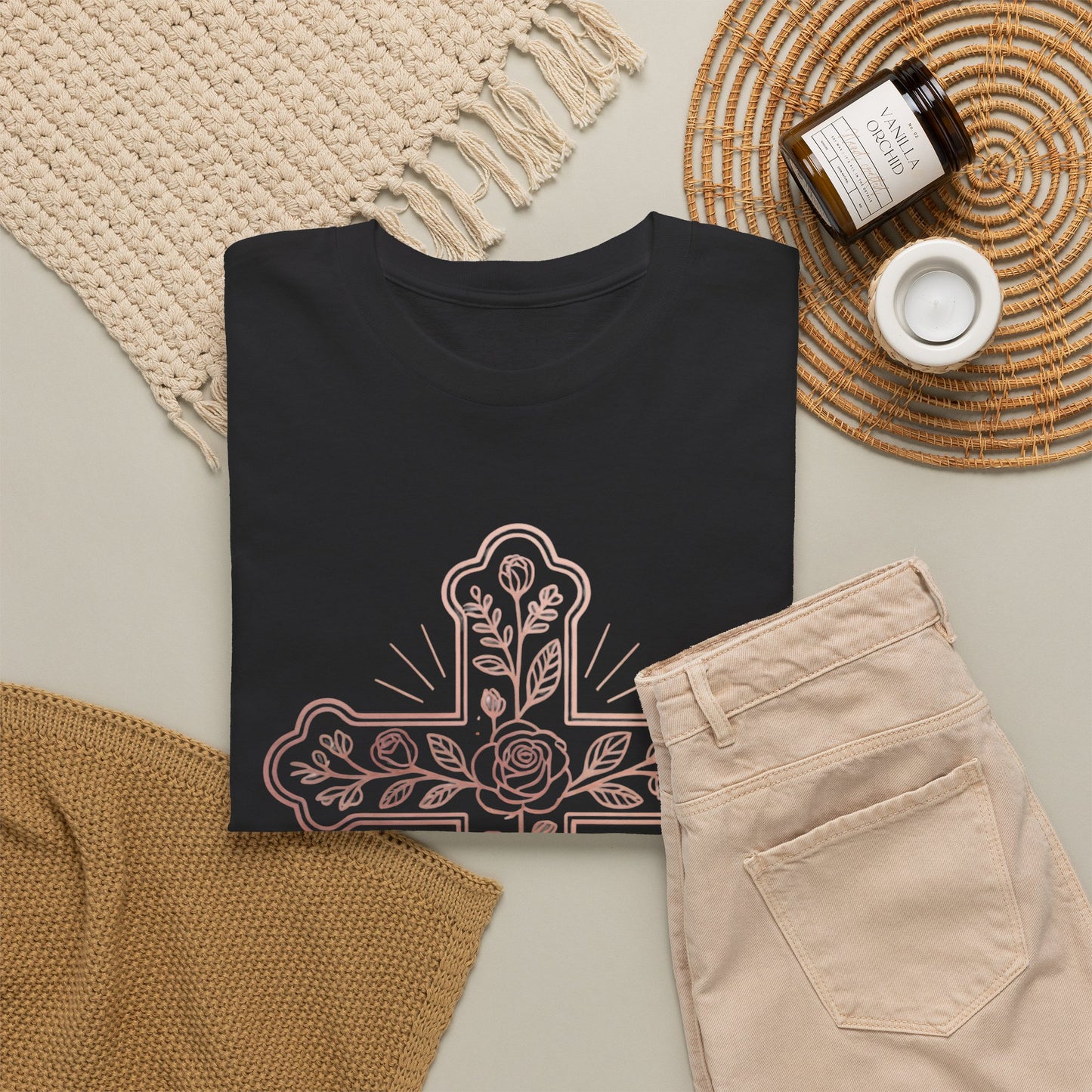Floral Cross Tee – Delicate Pink Botanical Christian T-Shirt